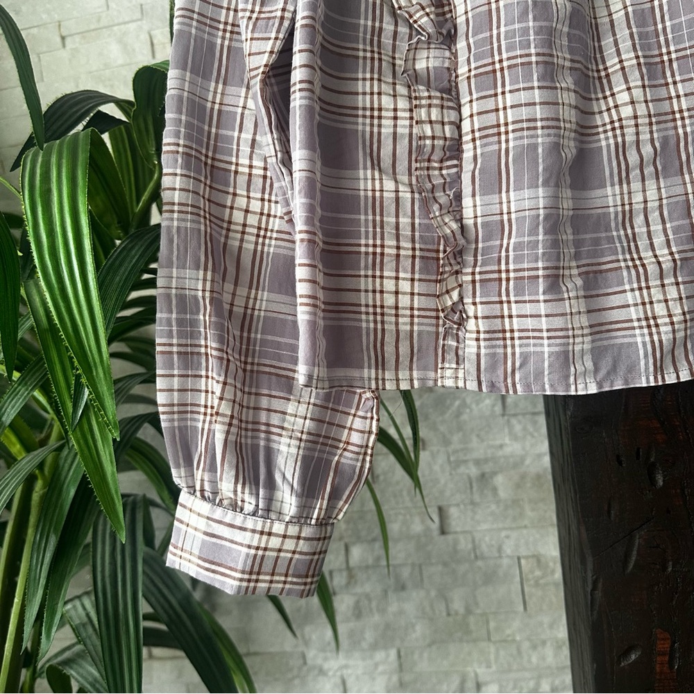 LOFT Frosted Lavender Ruffled Plaid Blouse Size Small - Picture 6 of 11